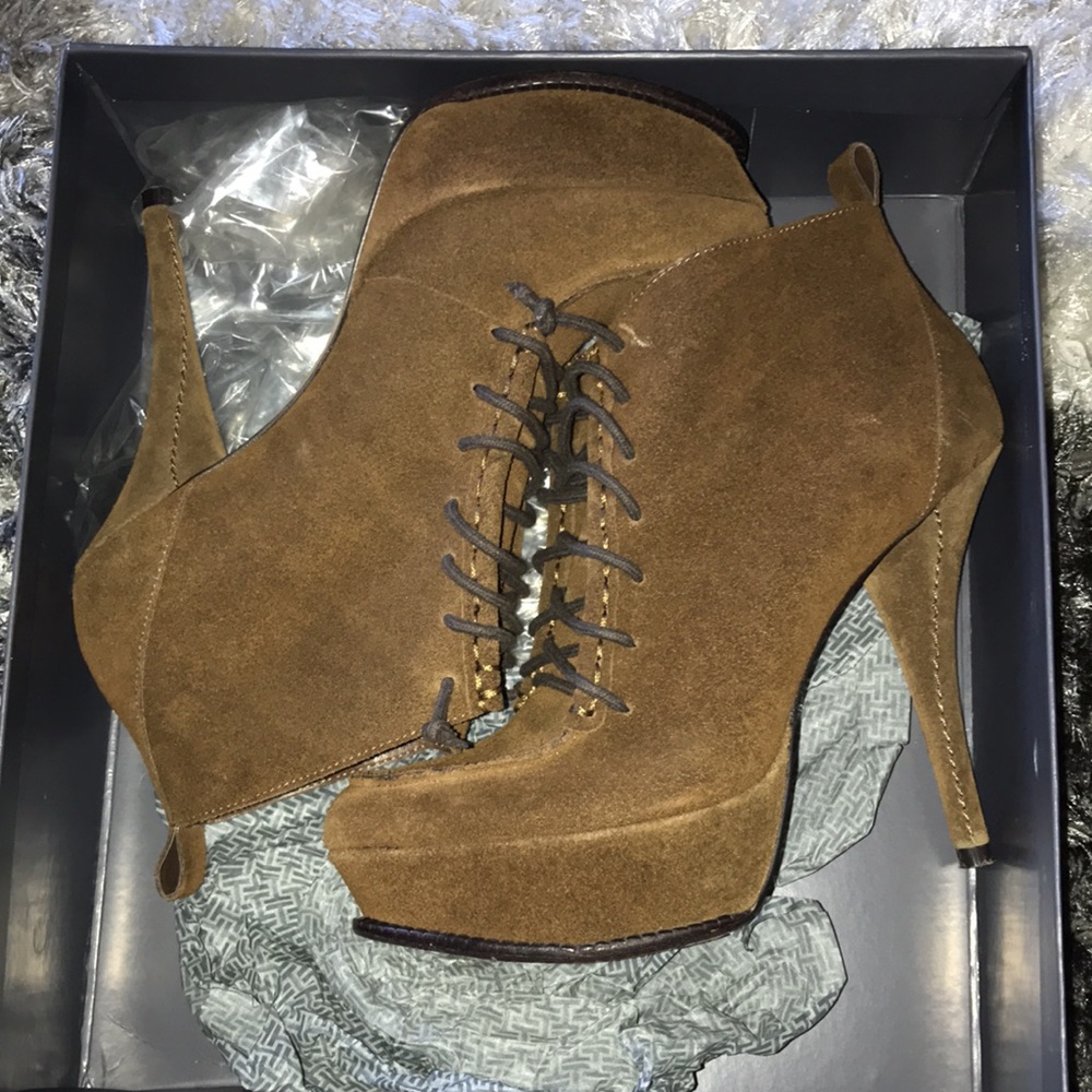 Cognac brown suede bootie.
